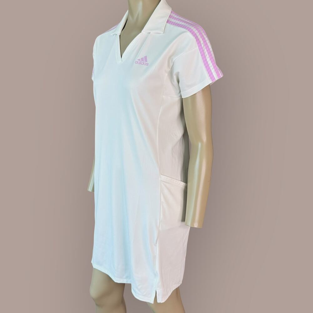 Adidas Womens Athletic Tennis Golf Polo Dress Size M White Short Sleeve Striped - Picture 2 of 13